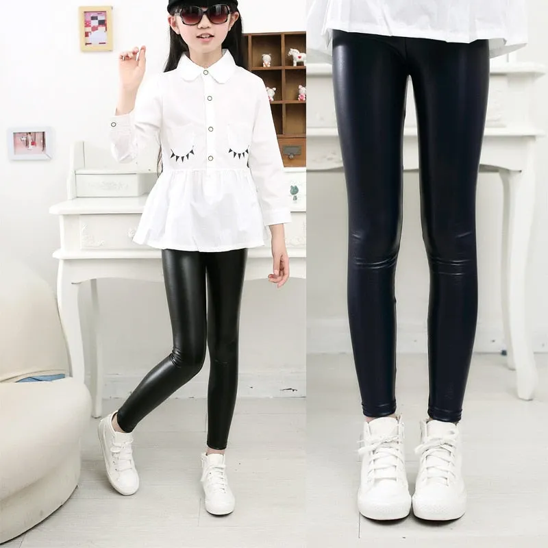 2018 Spring New Children Clothing Baby Girls Pu Leather Pants Leggings Girl Autumn Legging Kids Flower Warm Thin Slim Trousers