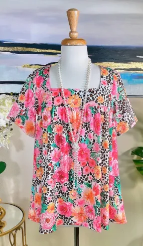 3X - Pink Floral & Leopard Baby Doll Top