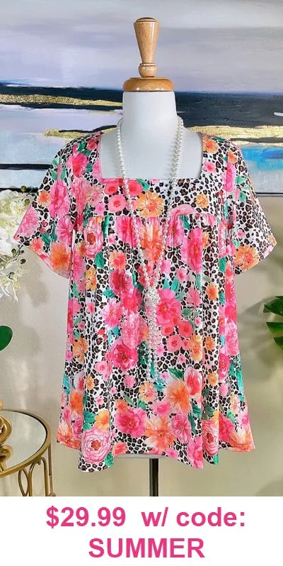 3X - Pink Floral & Leopard Baby Doll Top