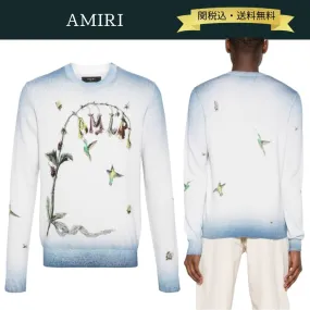 AMIRI  |Crew Neck Pullovers Flower Patterns Cashmere Street Style