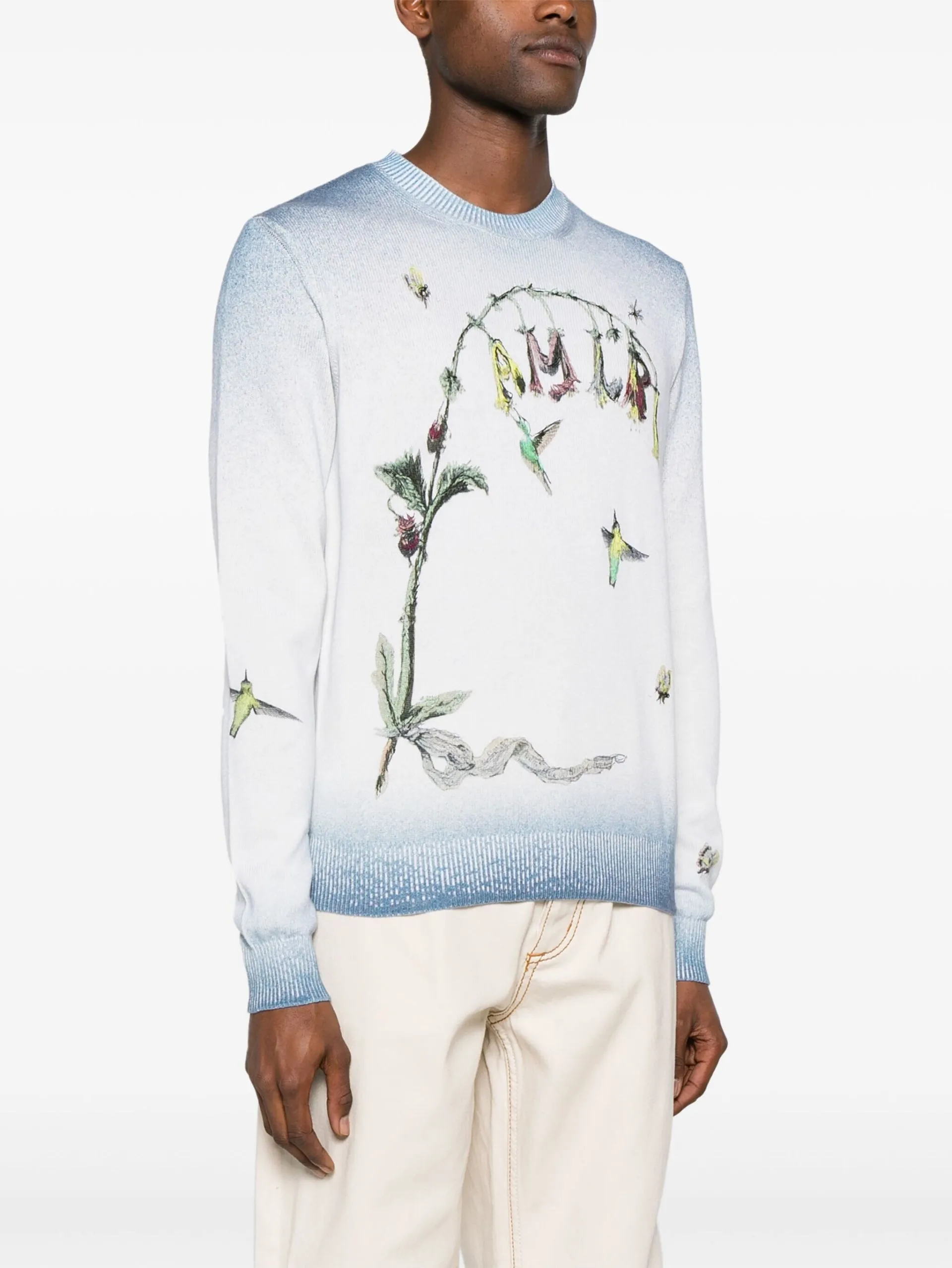 AMIRI  |Crew Neck Pullovers Flower Patterns Cashmere Street Style