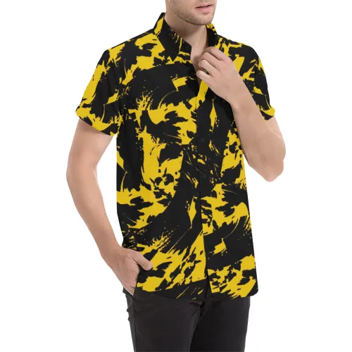 Black and Yellow Paint Splatter Short Sleeve Button Up Shirt