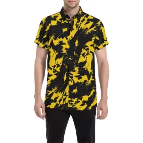 Black and Yellow Paint Splatter Short Sleeve Button Up Shirt