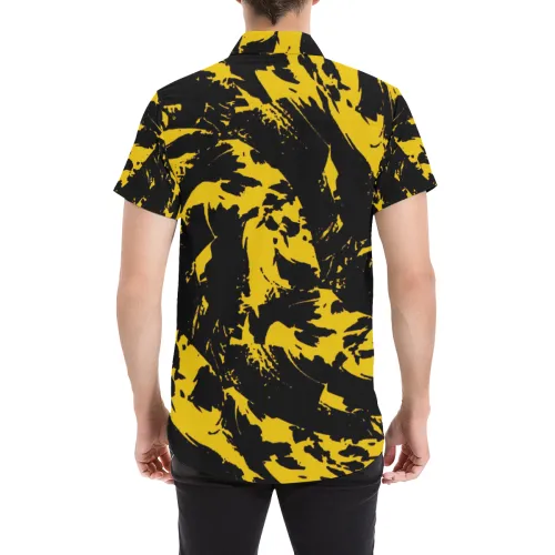 Black and Yellow Paint Splatter Short Sleeve Button Up Shirt