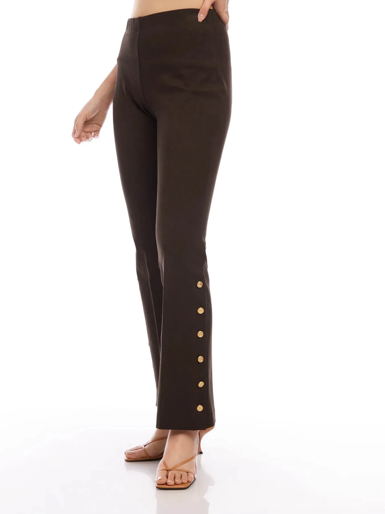 BUTTON HEM PANTS- Brown