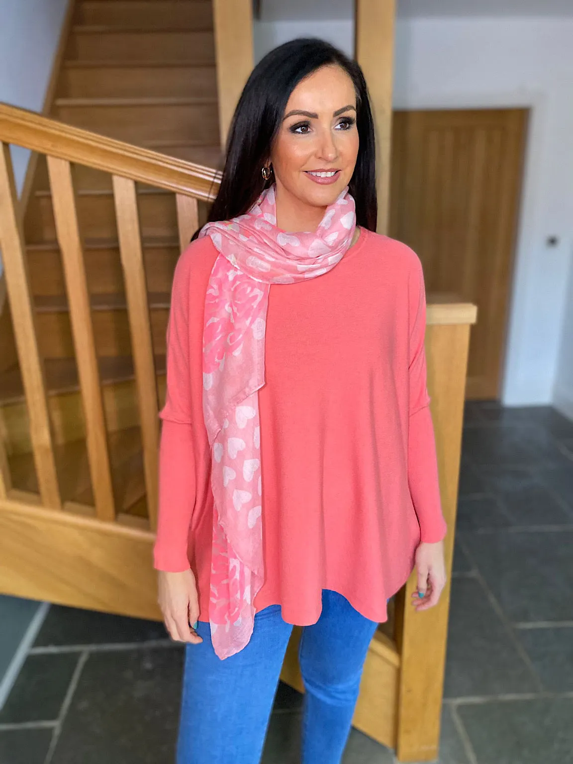 Coral Ribbed Sleeve Round Neck Knit Hayley