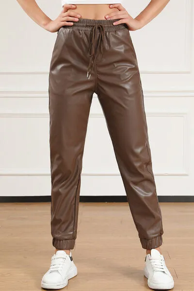 Drawstring PU Leather Pants