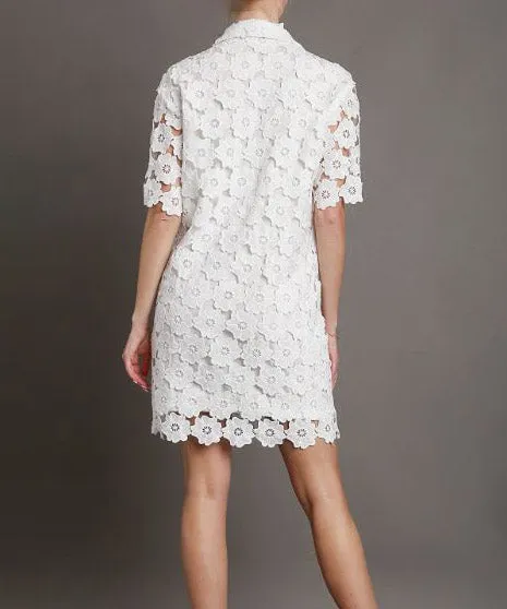 Floral Lace Button Down Collared A-Line Dress - Off White