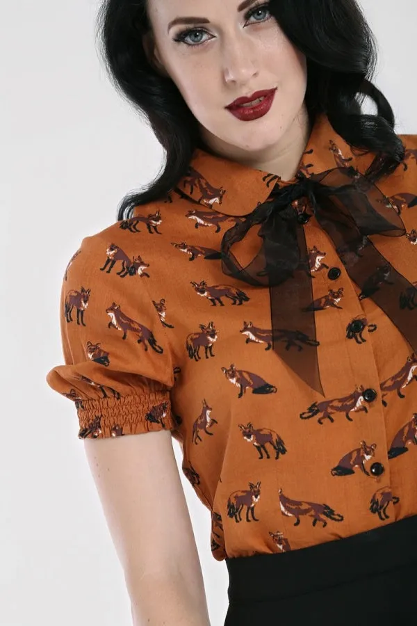 Hell Bunny Vixey Fox 40's Blouse Brown