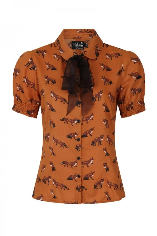 Hell Bunny Vixey Fox 40's Blouse Brown