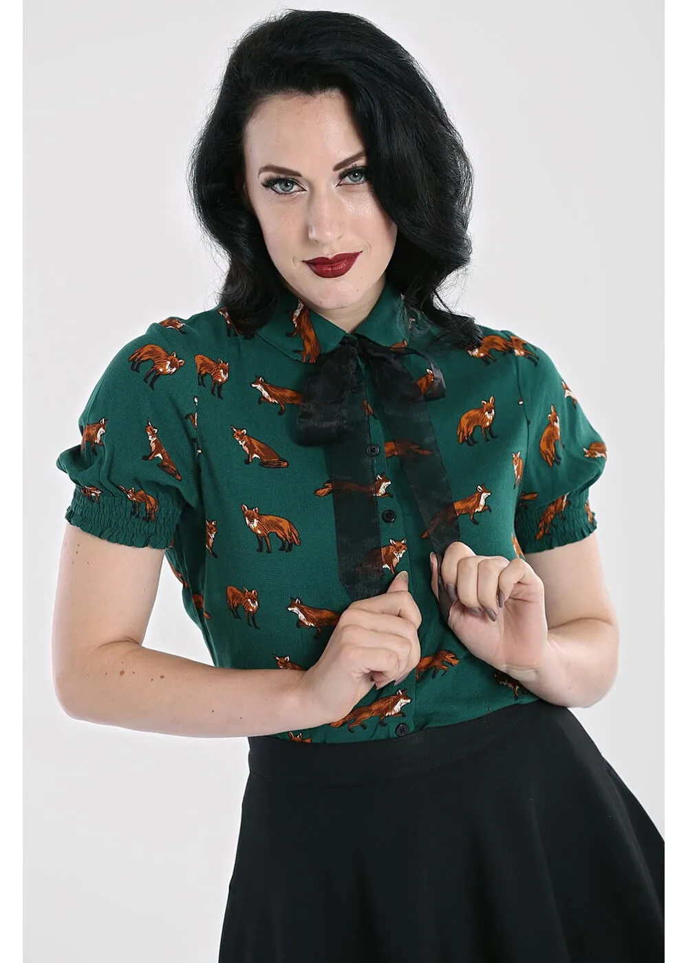 Hell Bunny Vixey Fox 40's Blouse Dark Green