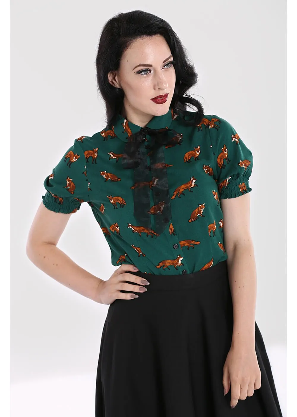 Hell Bunny Vixey Fox 40's Blouse Dark Green