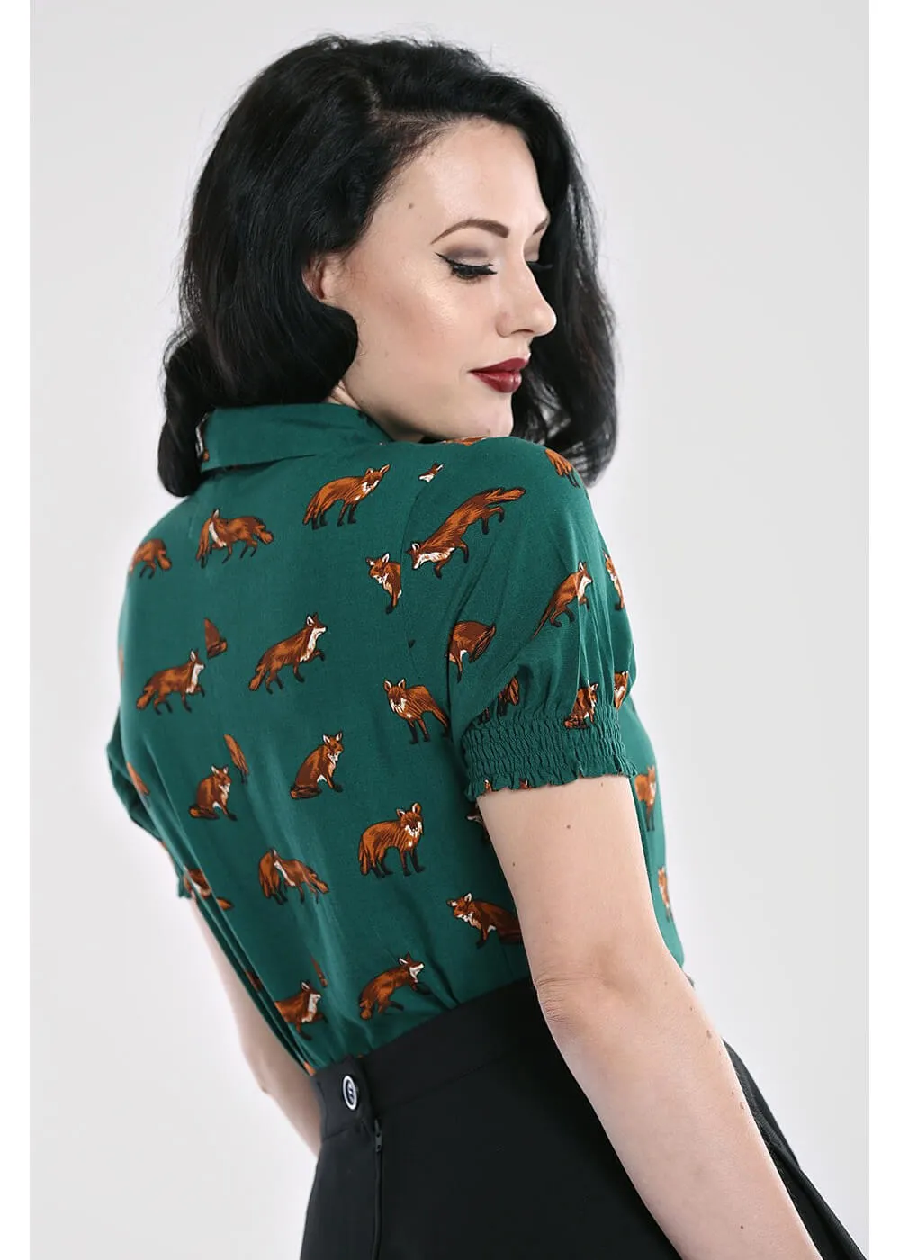 Hell Bunny Vixey Fox 40's Blouse Dark Green