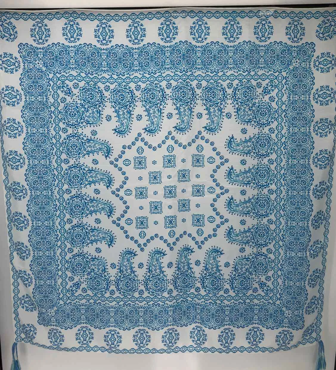 JOHNNY WAS Blue White Print Tassels 42 Square Scarf