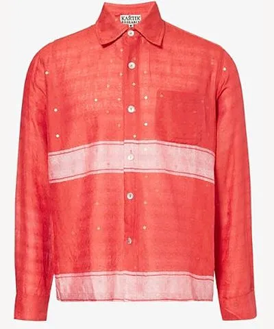 Kartik Research Mens Red/Gold Box long-sleeves relaxed-fit cotton shirt