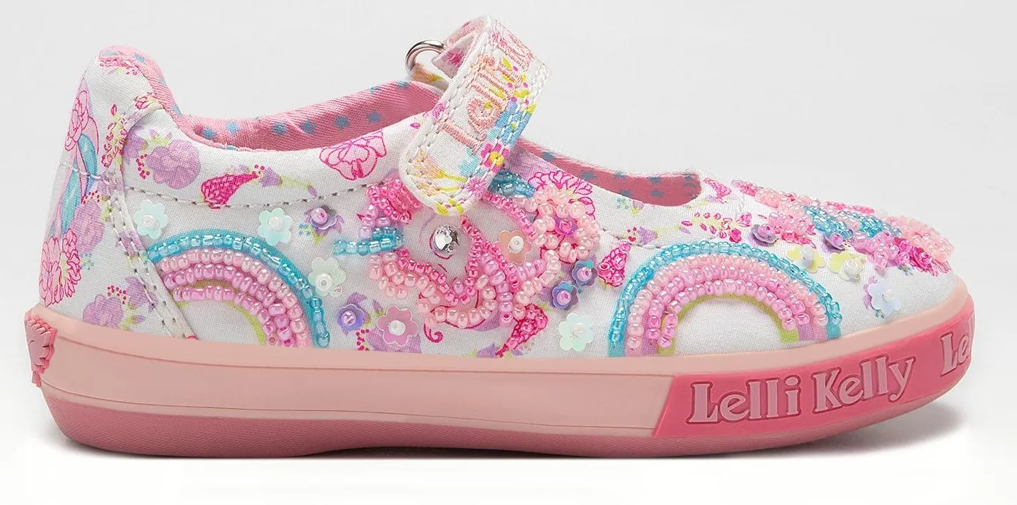 Lelli Kelly LK 3492 Eliza Unicorn Rainbow White Canvas Dolly Shoes