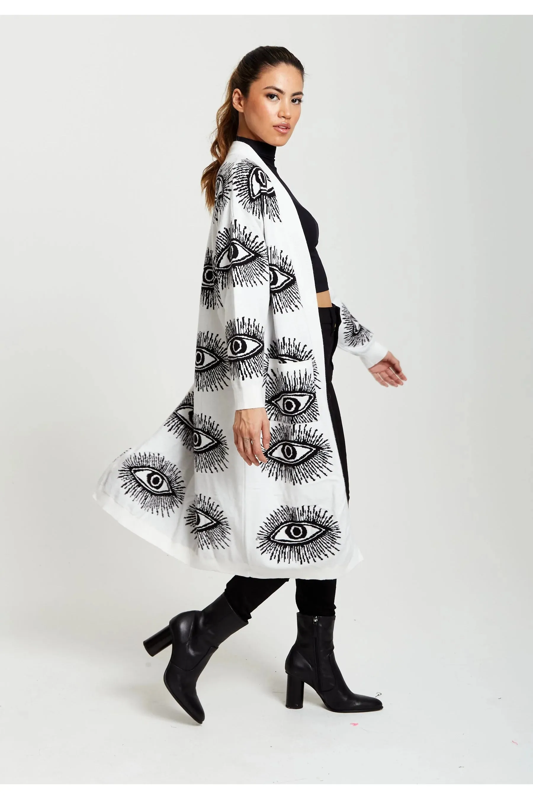 Liquorish Eye Pattern Longline Cardigan