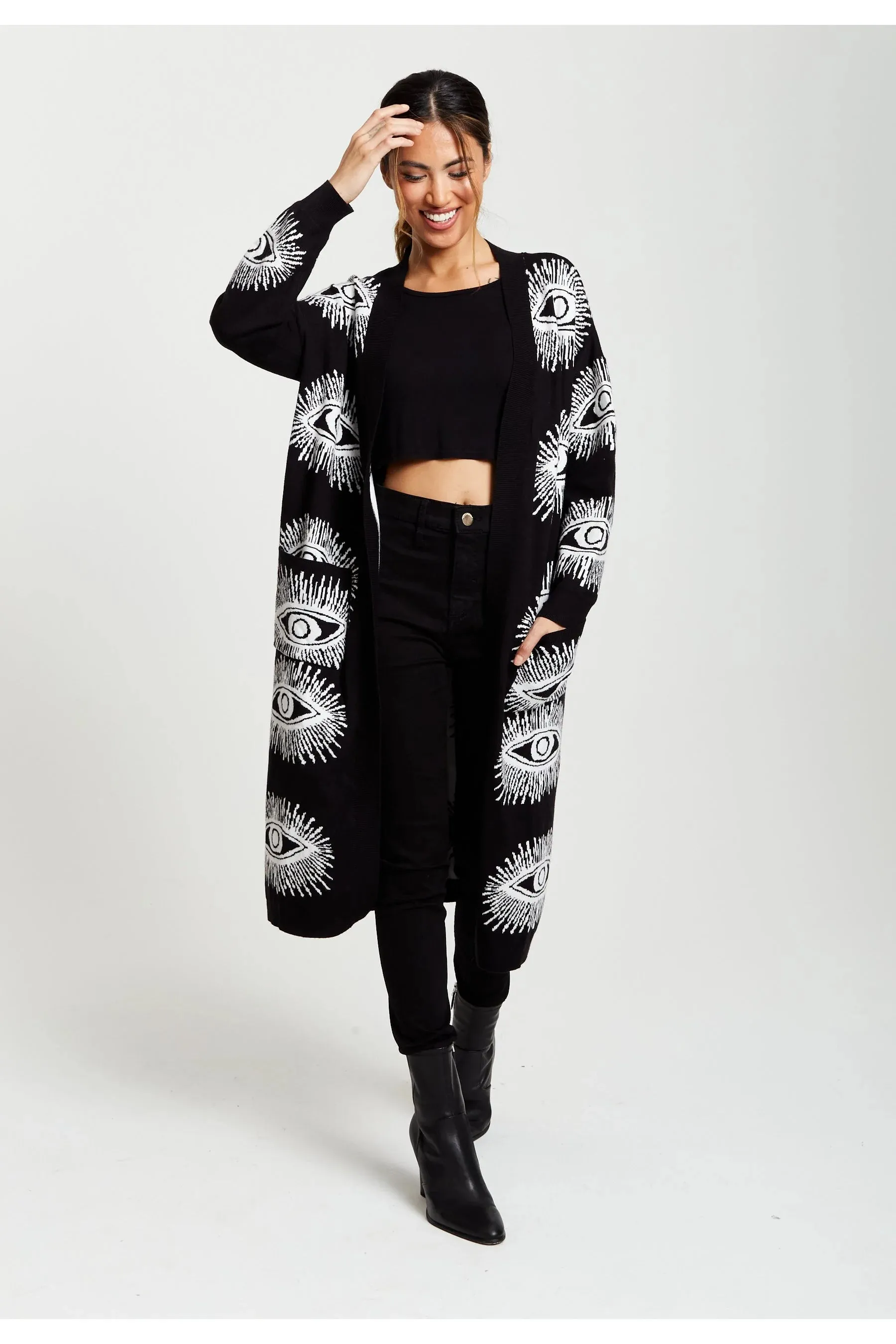 Liquorish Eye Pattern Longline Cardigan