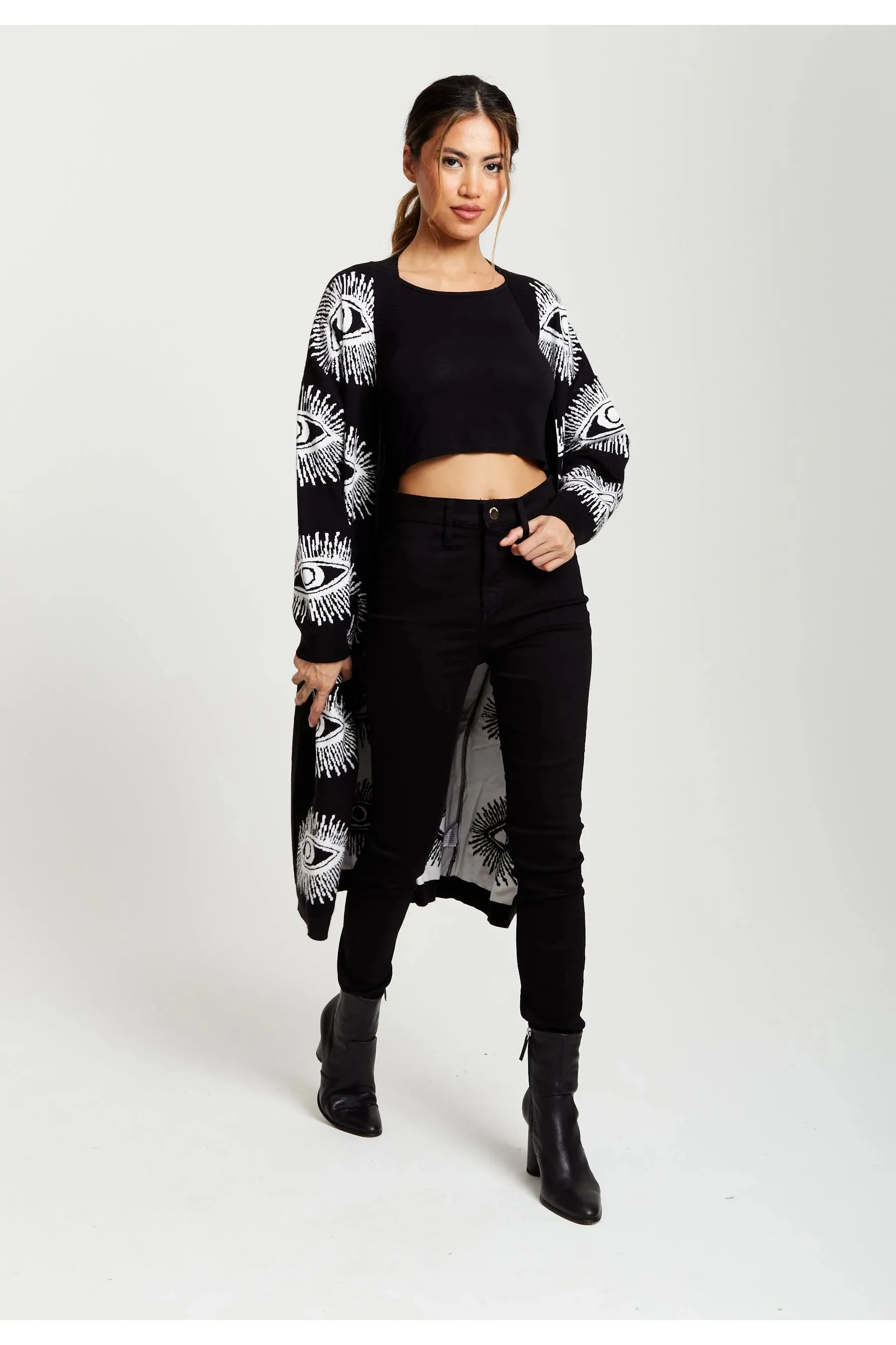 Liquorish Eye Pattern Longline Cardigan