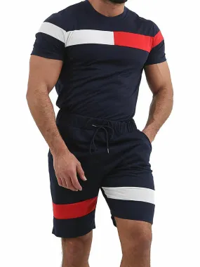 Men's Activewear 2-Piece Color Block Short Sleeves Jewel Neck Dark Navy