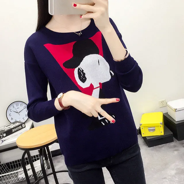 New Autumn Winter Female Carton Print Sweater Plus Size Thin Knitted Full Sleeve O-neck Pullovers Hot  71788 GS