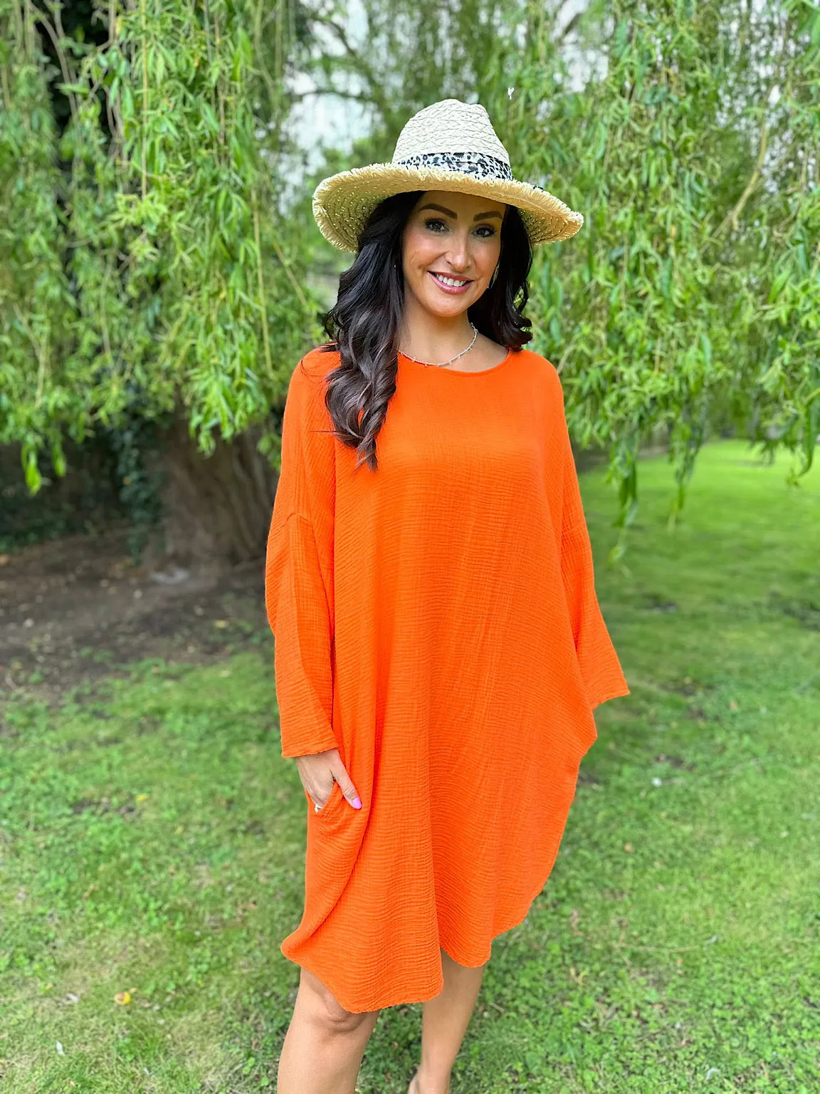 Orange Bubble Cotton Pocket Dress Samantha