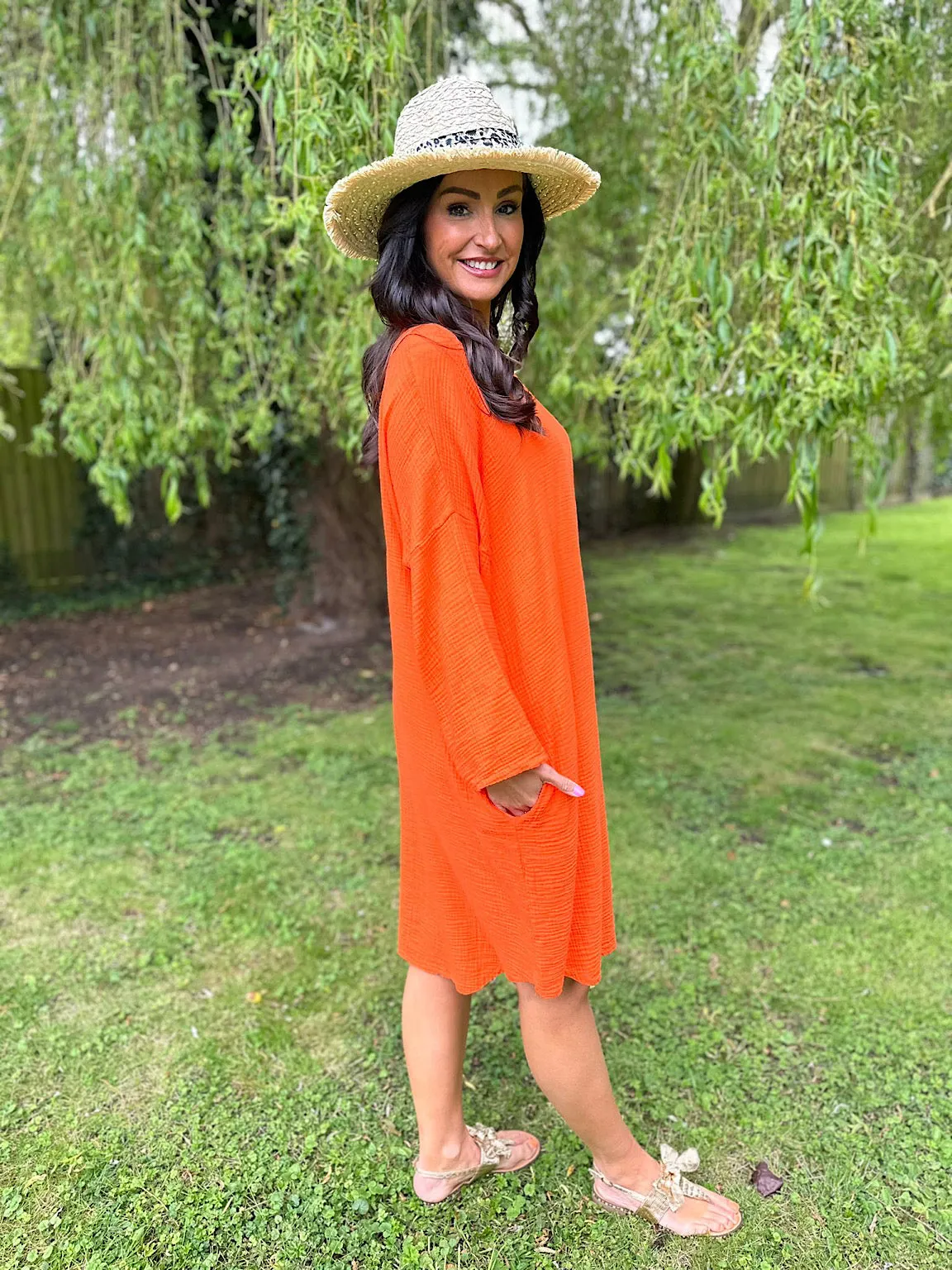 Orange Bubble Cotton Pocket Dress Samantha