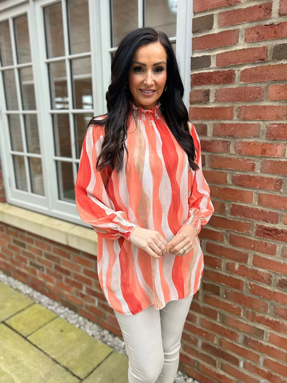 Orange High Neck Brushstroke Stripe Blouse Susan