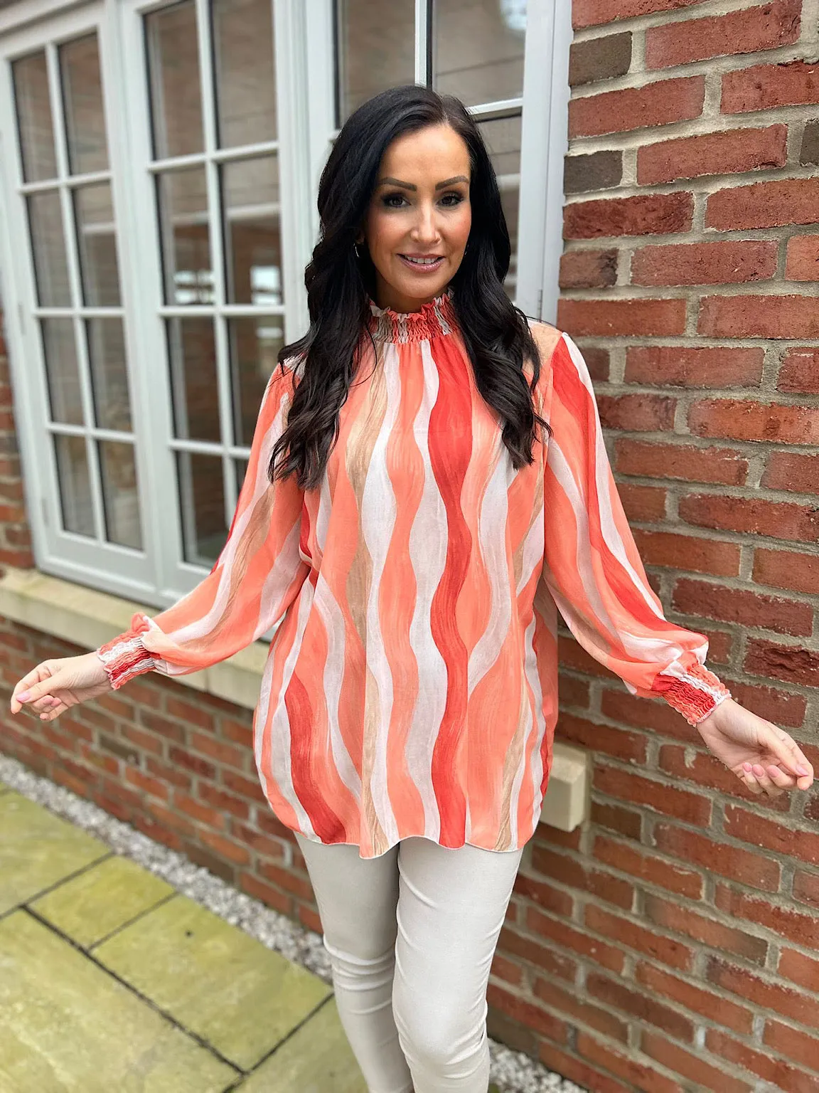 Orange High Neck Brushstroke Stripe Blouse Susan