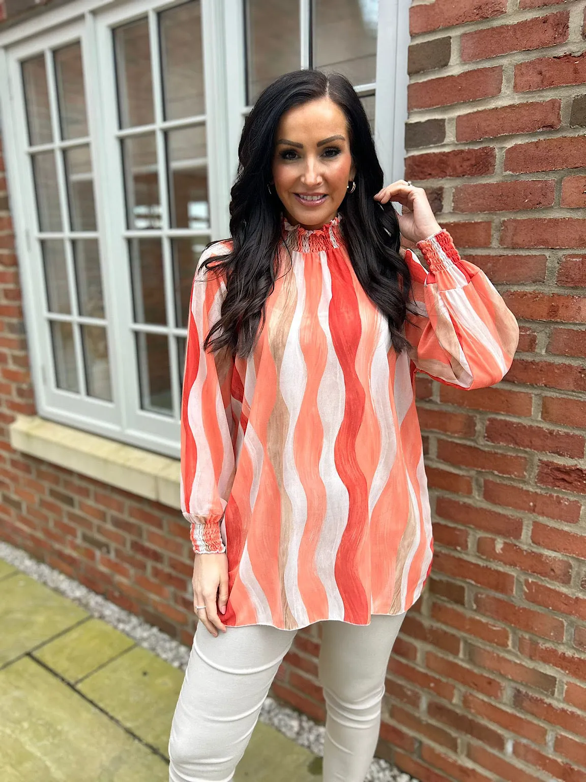 Orange High Neck Brushstroke Stripe Blouse Susan