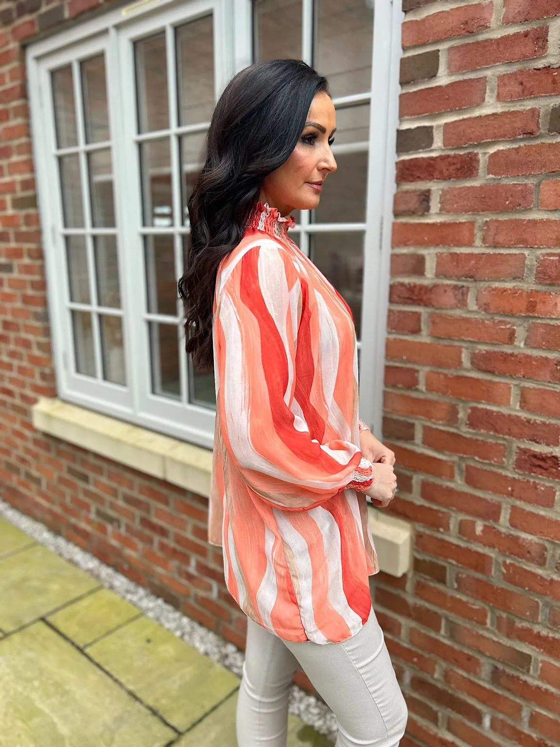 Orange High Neck Brushstroke Stripe Blouse Susan