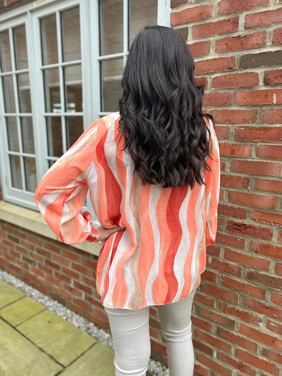 Orange High Neck Brushstroke Stripe Blouse Susan