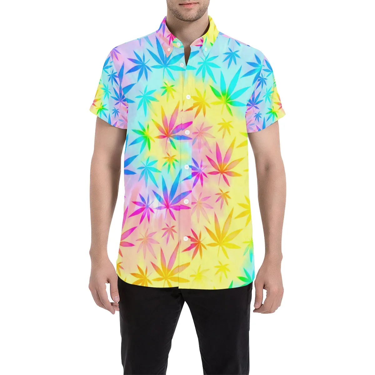 Rainbow Tie-Dye Weed Leaf Print Short Sleeve Button Up Shirt