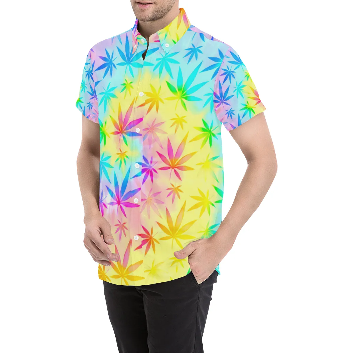 Rainbow Tie-Dye Weed Leaf Print Short Sleeve Button Up Shirt