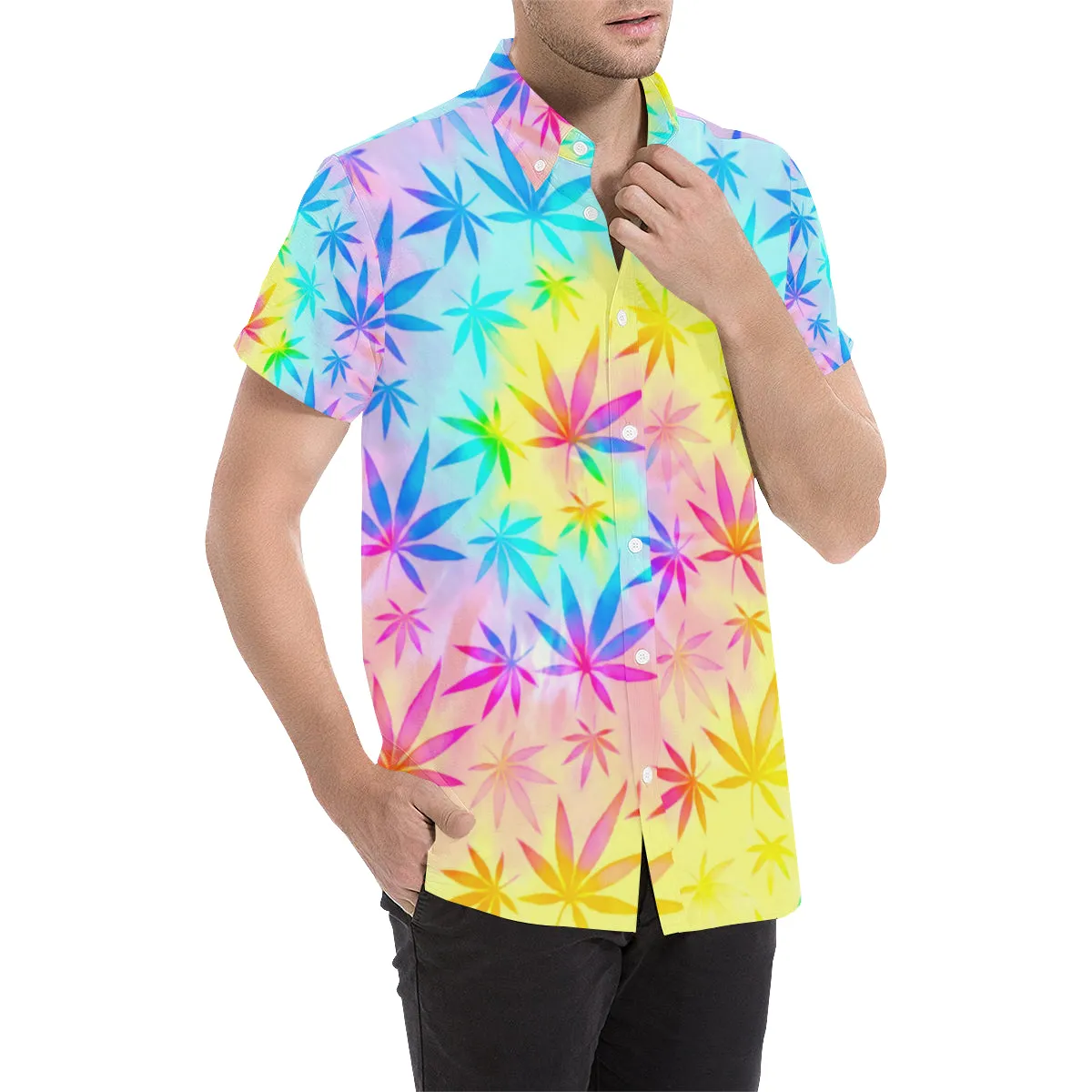 Rainbow Tie-Dye Weed Leaf Print Short Sleeve Button Up Shirt