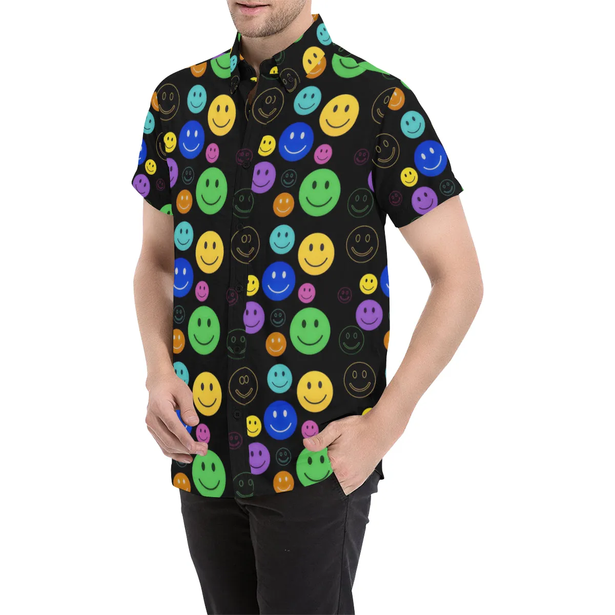 Smiley Face Short Sleeve Button Up Shirt