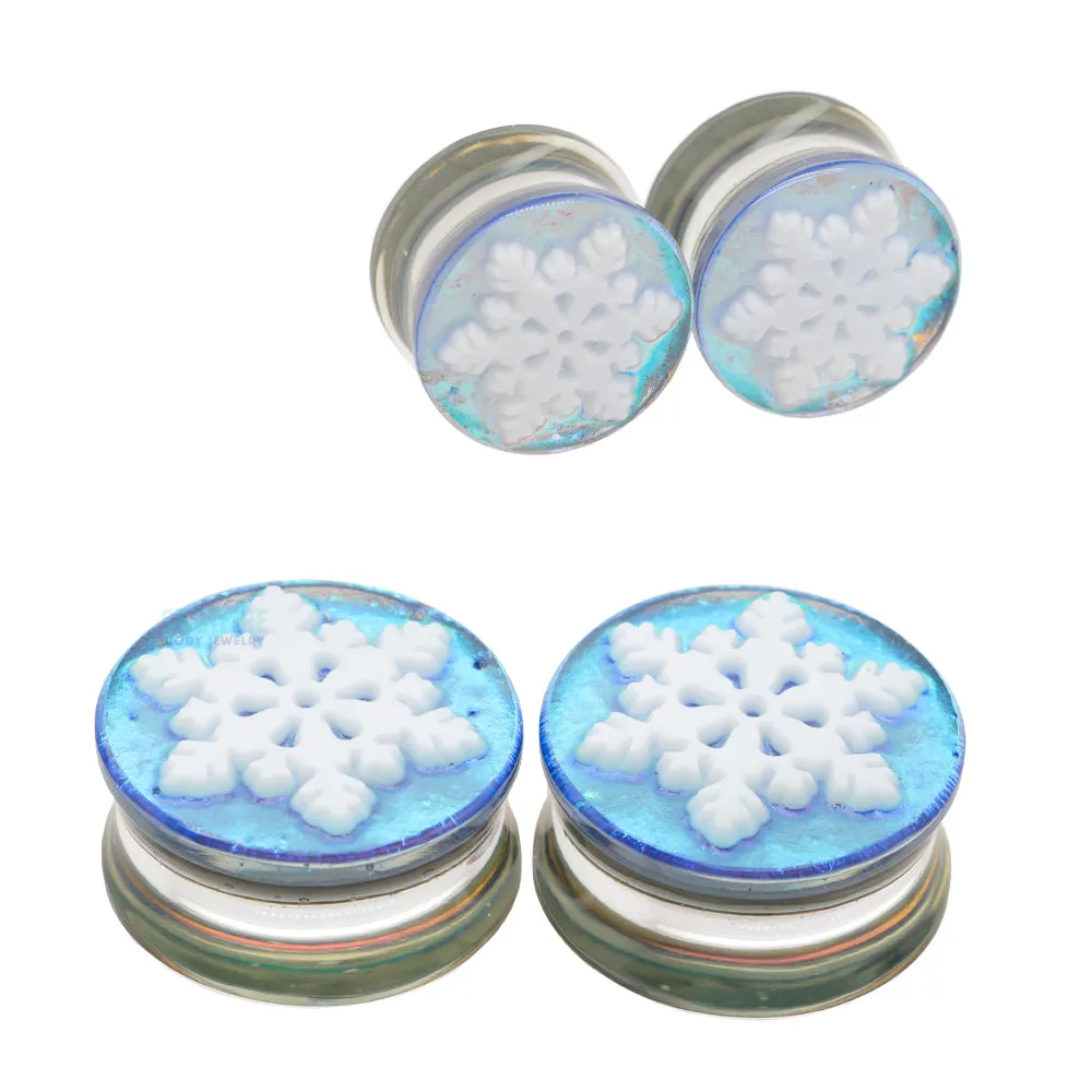 Snowflake Glass Image Plugs - White on Blue Dichroic