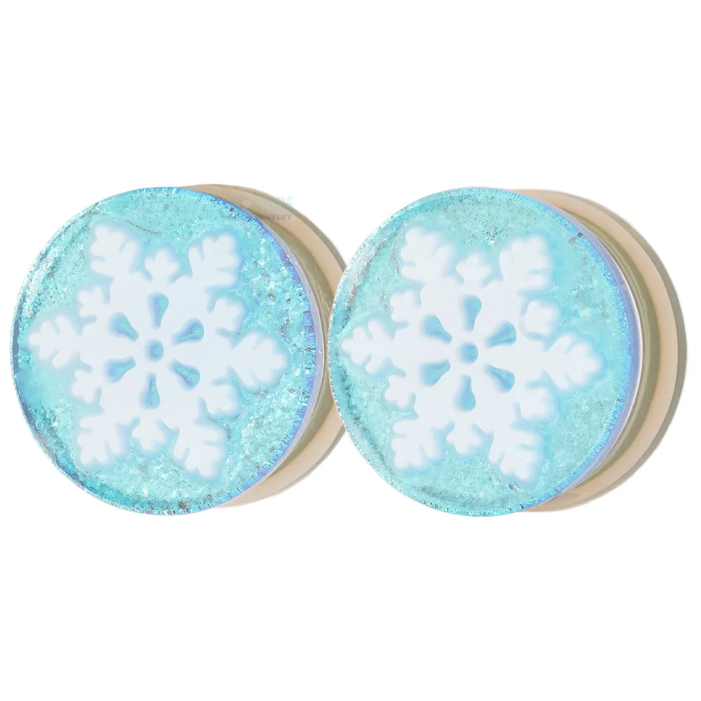 Snowflake Glass Image Plugs - White on Blue Dichroic