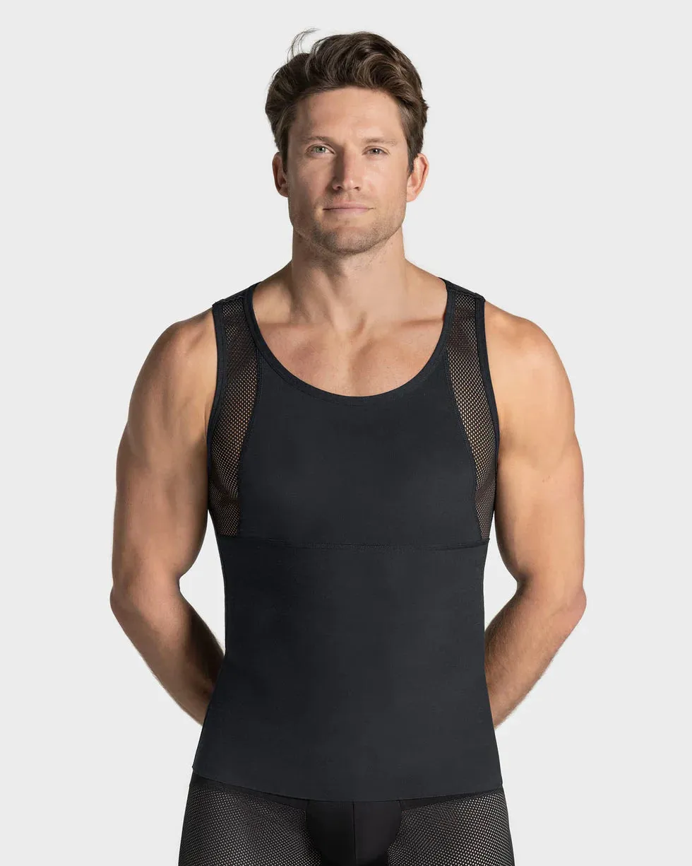 Stretch cotton moderate compression shaper tank with mesh cutouts