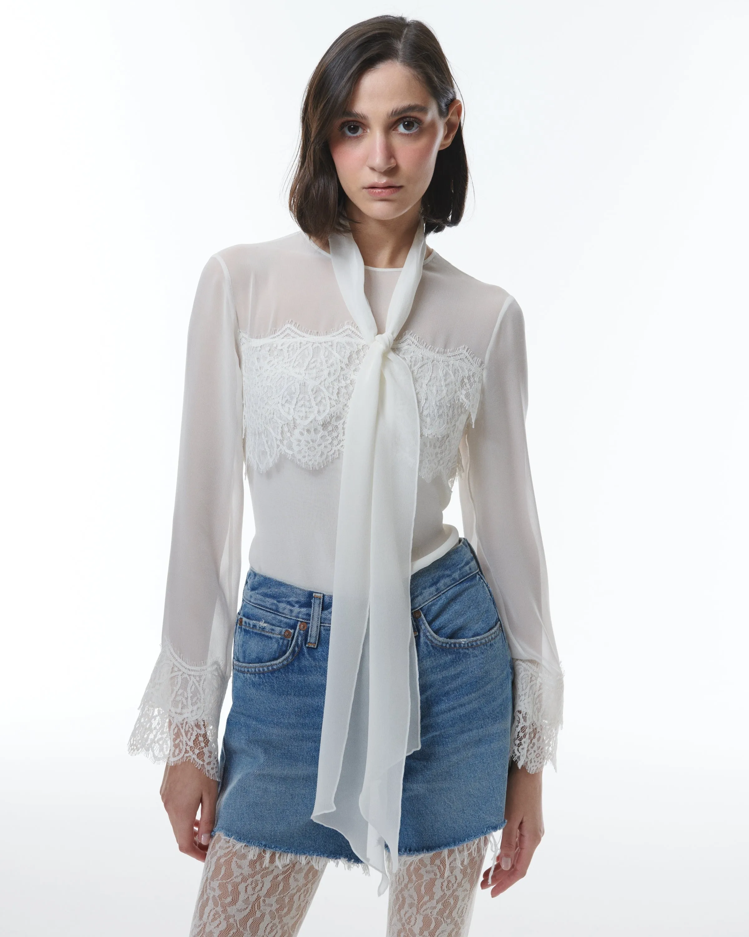 Theo Idalia Lace Trim Bow Blouse in Ivory