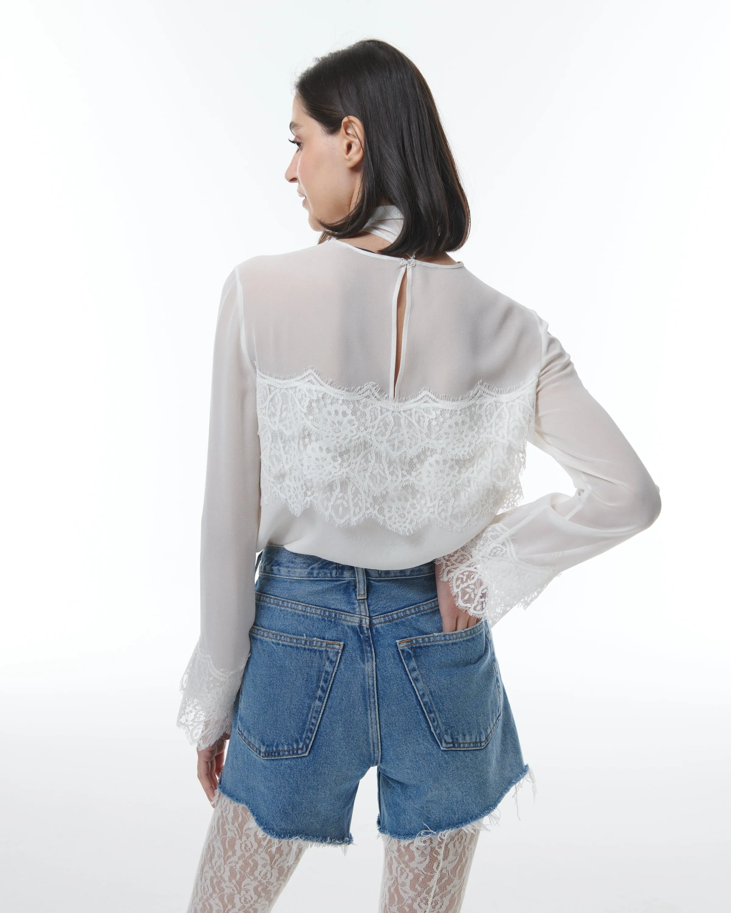 Theo Idalia Lace Trim Bow Blouse in Ivory