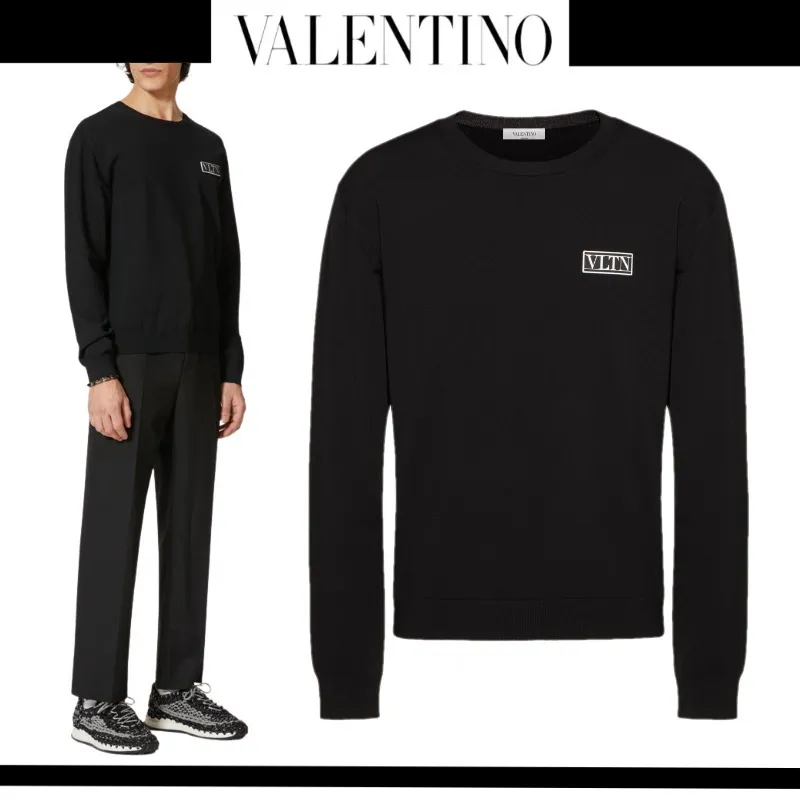 VALENTINO  |Crew Neck Pullovers Nylon Fine Gauge Long Sleeves Plain Logo