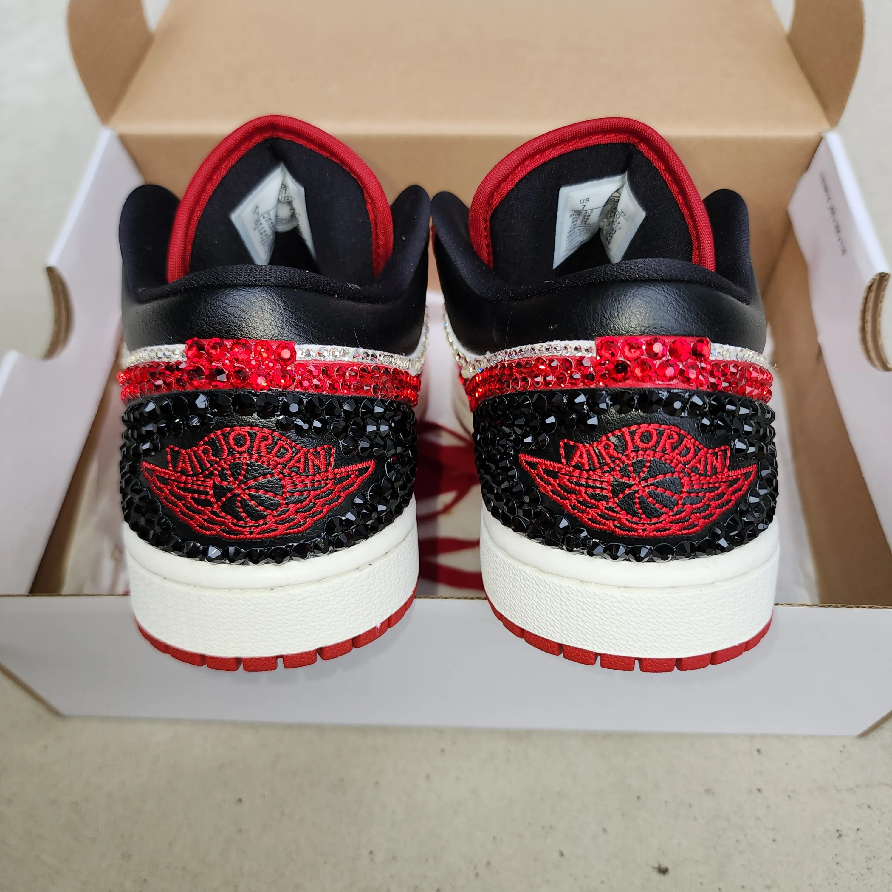 WAREHOUSE SALE Jordan Women Low (White/Red/Black) With Full Bling