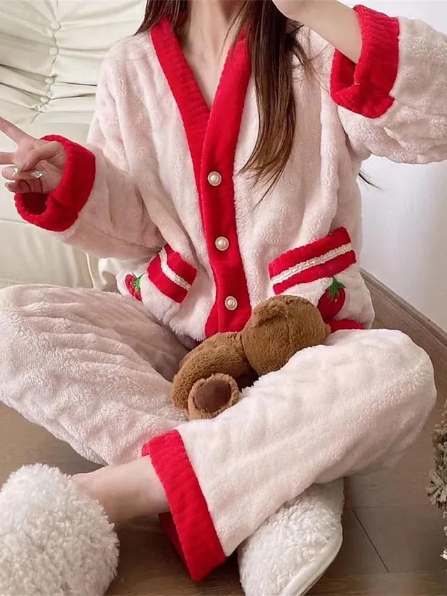 Warm and Cozy Fruit Fashion Fleece Pajama Set Ensemble for Women