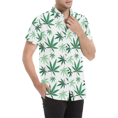 Weed Leaf Pattern Short Sleeve Button Up Shirt