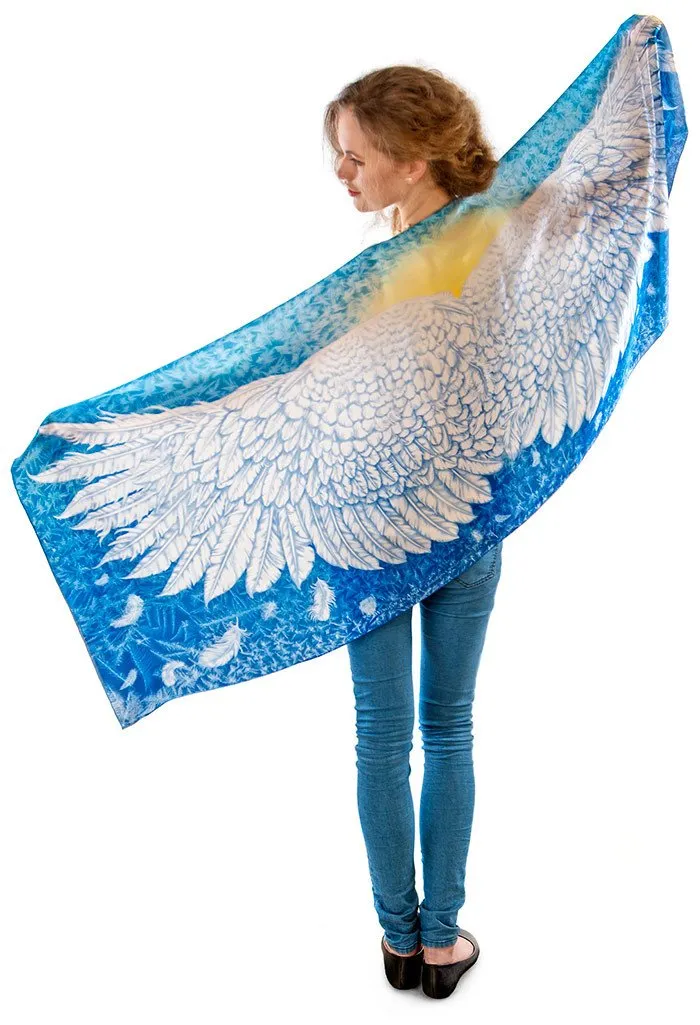 Wings of an Angel pure silk-satin scarf/wrap. Blue version.