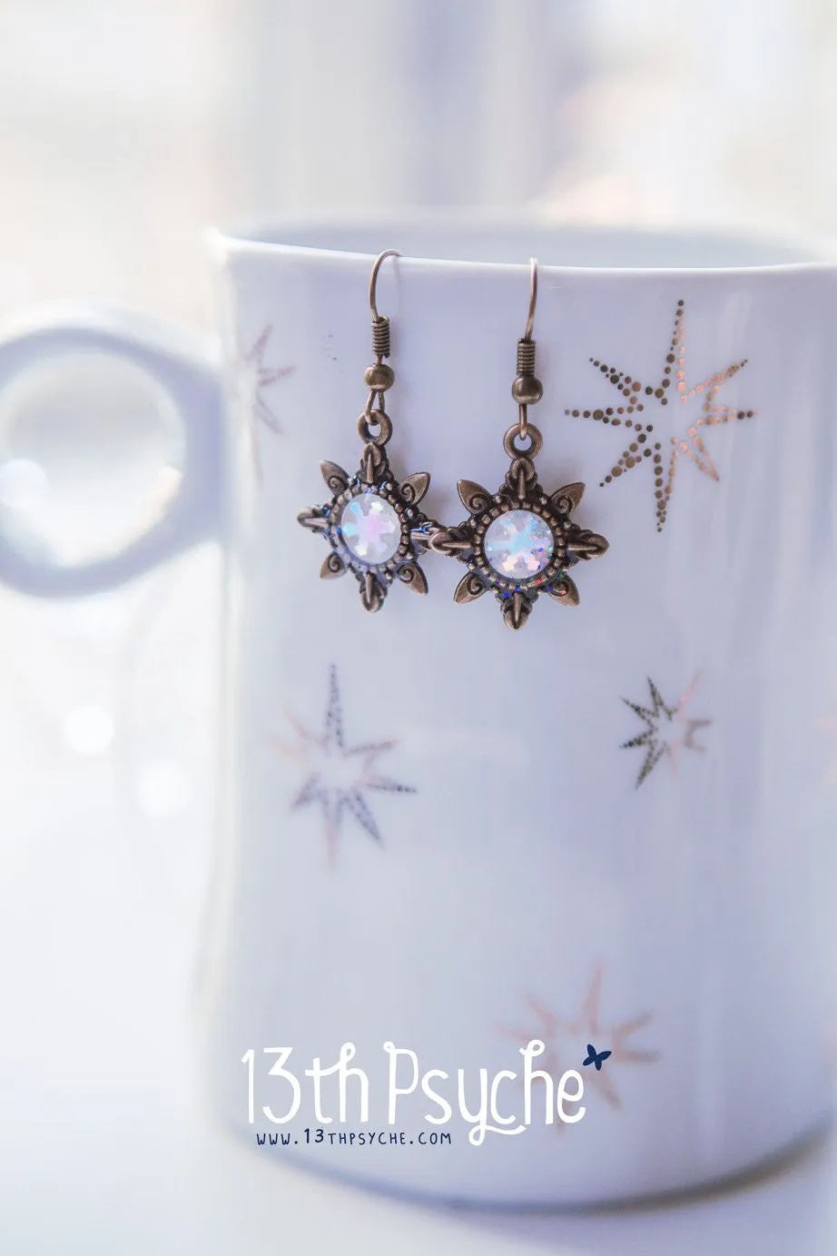 Winter inspired, snowflake dangle drop earrings