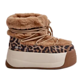 Women's Leather Snow Boots With Thick Sole And Fur Leopard Big Star OO274A208 Brown beige