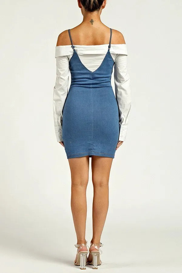 Women's Cold Shoulder Denim Mini Dress With White Long Sleeves