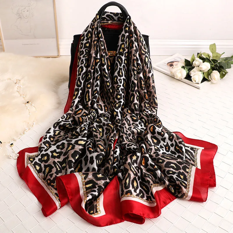 Women's Designer Soft Leopard Pattern Printed Square Silk Shawl